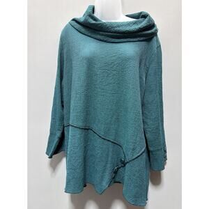 Ali Miles Roll Up 3/4Sleeve Cowl Neck Asymmetric Textured S Teal Green Tunic Top